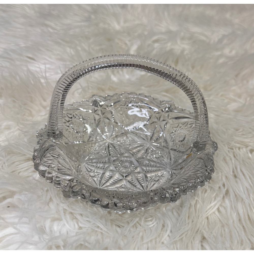 Vintage Pressed Glass Basket Starburst Pattern Clear Candy Dish Scalloped Rim